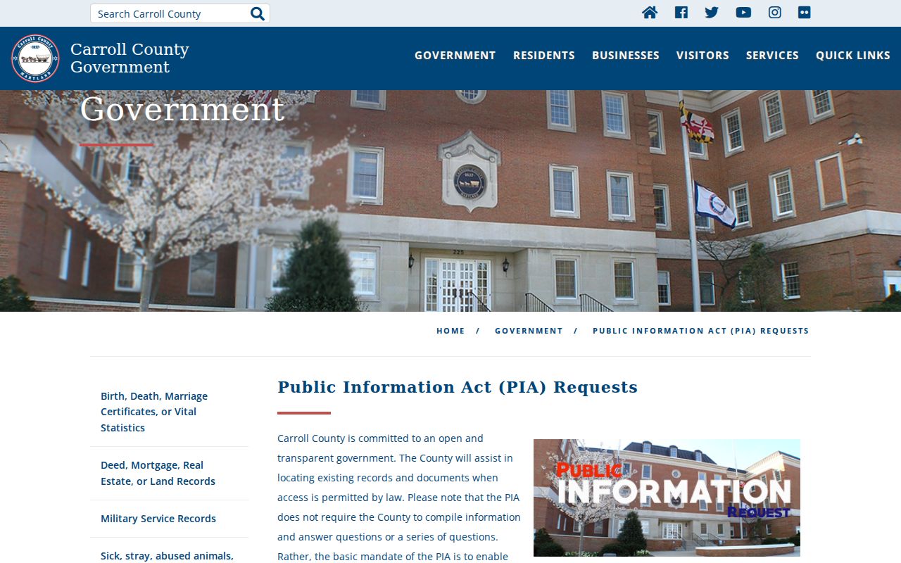 Westminster public records request page for Carroll County