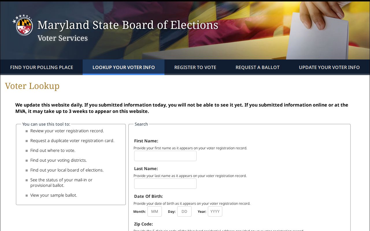 Westminster voter registration lookup form from Maryland